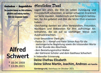 Traueranzeige von Alfred Schwert von Südthüringer Presse