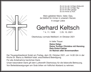 Traueranzeige von Gerhard Keltsch von Frankenpost