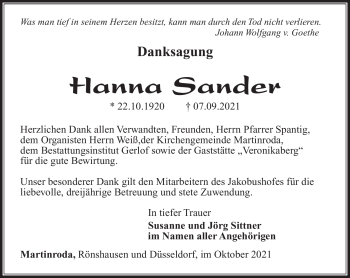 Traueranzeige von Hanna Sander von Südthüringer Presse