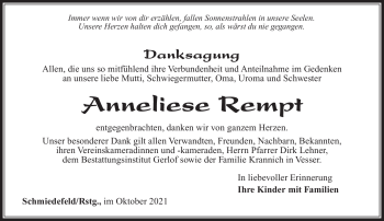 Traueranzeige von Anneliese Rempt von Südthüringer Presse