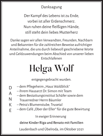 Traueranzeige von Helga Wolf von Südthüringer Presse