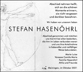 Traueranzeige von Stefan Hasenöhrl von Südthüringer Presse
