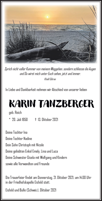 Traueranzeige von Karin Tanzberger von Südthüringer Presse