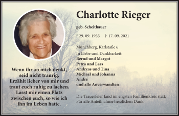 Traueranzeige von Charlotte Rieger von Frankenpost