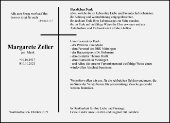 Traueranzeige von Margarete Zeller von Südthüringer Presse