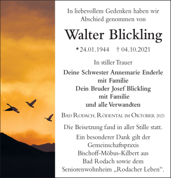 Traueranzeige von Walter Blickling von Neue Presse Coburg