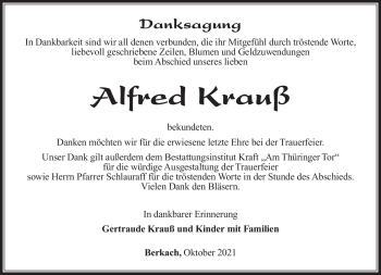 Traueranzeige von Alfred Krauß von Südthüringer Presse