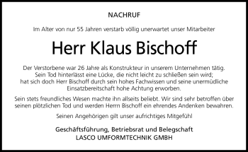 Traueranzeige von Klaus Bischoff von Neue Presse Coburg
