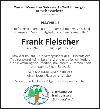 Traueranzeige von Frank Fleischer von Südthüringer Presse