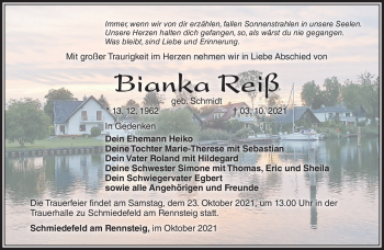 Traueranzeige von Bianka Reiß von Südthüringer Presse