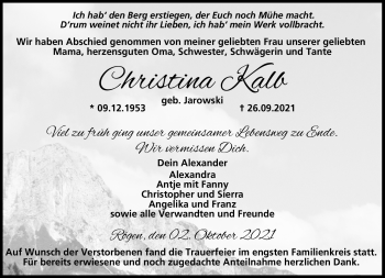 Traueranzeige von Christina Kalb von Neue Presse Coburg