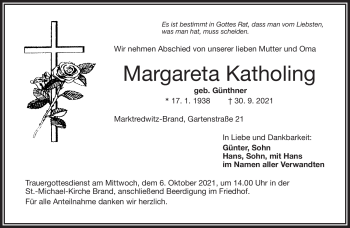 Traueranzeige von Margareta Katholing von Frankenpost