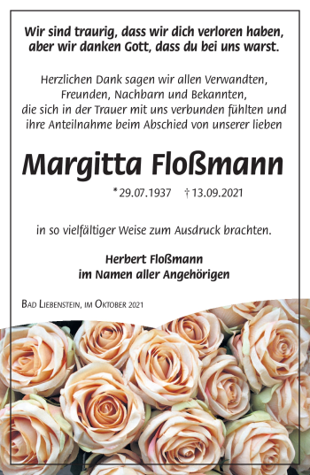 Traueranzeige von Margitta Floßmann von Südthüringer Presse