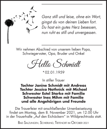 Traueranzeige von Hello Schmidt von Südthüringer Presse