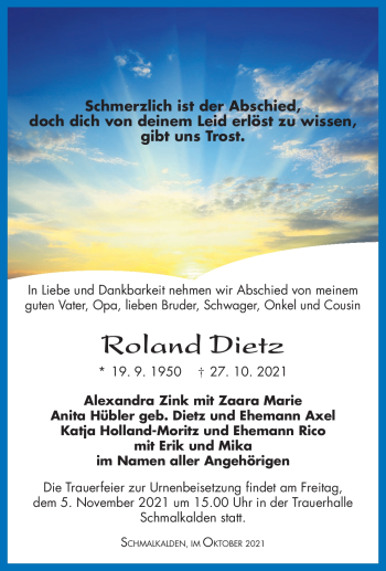 Traueranzeige von Roland Dietz von Südthüringer Presse