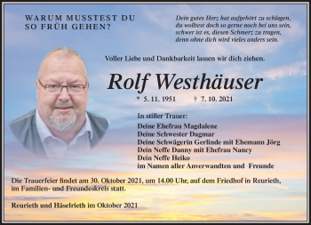 Traueranzeige von Rolf Westhäuser von Südthüringer Presse