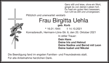 Traueranzeige von Brigtitte Uehla von Frankenpost