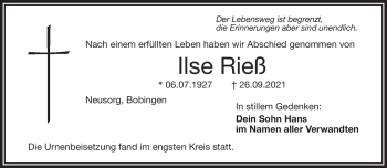Traueranzeige von Ilse Rieß von Frankenpost