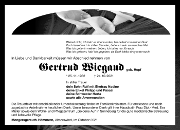 Traueranzeige von Gertrud Wiegand von Südthüringer Presse