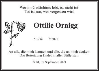 Traueranzeige von Ottilie Ornigg von Südthüringer Presse