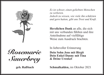 Traueranzeige von Rosemarie Sauerbrey von Südthüringer Presse