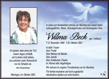 Traueranzeige von Wilma Beck von Südthüringer Presse
