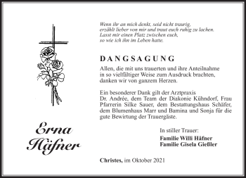 Traueranzeige von Erna Häfner von Südthüringer Presse