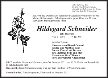 Traueranzeige von Hildegard Schneider von Südthüringer Presse