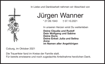 Traueranzeige von Jürgen Wanner von Neue Presse Coburg