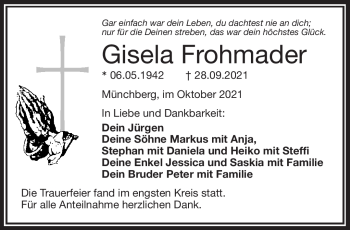 Traueranzeige von Gisela Frohmader von Frankenpost