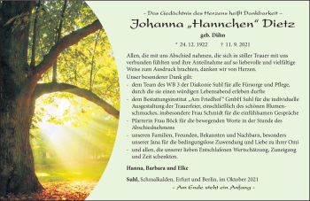 Traueranzeige von Johanna1 Dietz von Südthüringer Presse