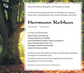 Traueranzeige von Hermann Renhan von Südthüringer Presse