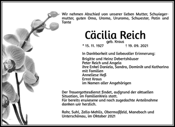 Traueranzeige von Cäcilia Reich von Südthüringer Presse