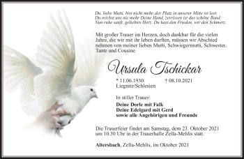 Traueranzeige von Ursula Tschickar von Südthüringer Presse