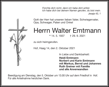 Traueranzeige von Walter Emtmann von Frankenpost