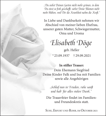 Traueranzeige von Elisabeth Döge von Südthüringer Presse