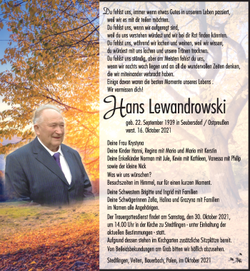 Traueranzeige von Hans-Jürgen Lewandrowski von Südthüringer Presse