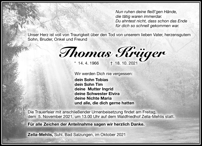  Traueranzeige für Thomas Krüger vom 23.10.2021 aus Südthüringer Presse
