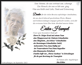 Traueranzeige von Erika Hampel von Südthüringer Presse