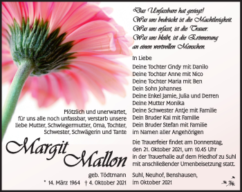 Traueranzeige von Margit Mallon von Südthüringer Presse