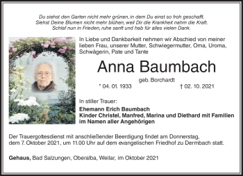 Traueranzeige von Anna Baumbach von Südthüringer Presse