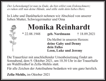 Traueranzeige von Monika Reinhardt von Südthüringer Presse