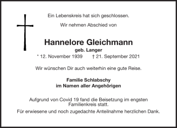 Traueranzeige von Hannelore Gleichmann von Neue Presse Coburg