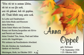 Traueranzeige von Anna Oppel von Südthüringer Presse