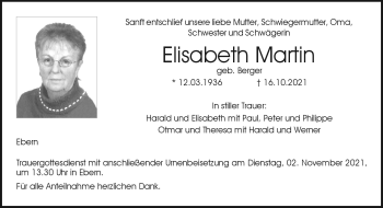 Traueranzeige von Elisabeth Martin von Neue Presse Coburg
