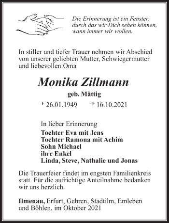 Traueranzeige von Monika Zillmann von Südthüringer Presse