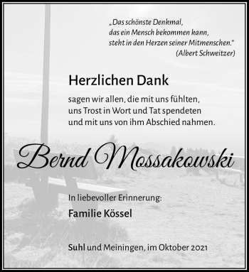 Traueranzeige von Bernd Mossakowski von Südthüringer Presse