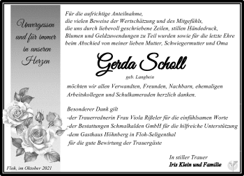 Traueranzeige von Gerda Scholl von Südthüringer Presse