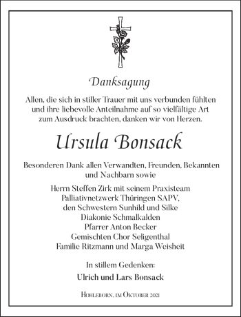 Traueranzeige von Ursula Bonsack von Südthüringer Presse