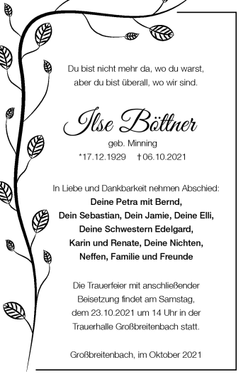 Traueranzeige von Ilse Böttner von Südthüringer Presse